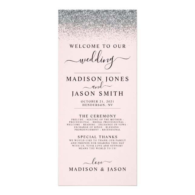 Blush Pink & Silver Glitter Wedding Program (Front)