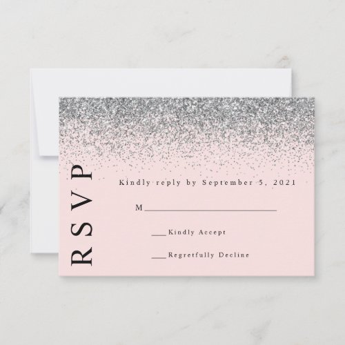 Blush Pink  Silver Glitter Wedding RSVP Card