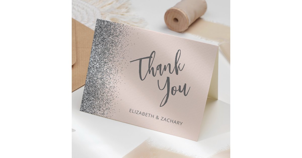 Blush Pink Silver Glitter Wedding Thank You Card | Zazzle