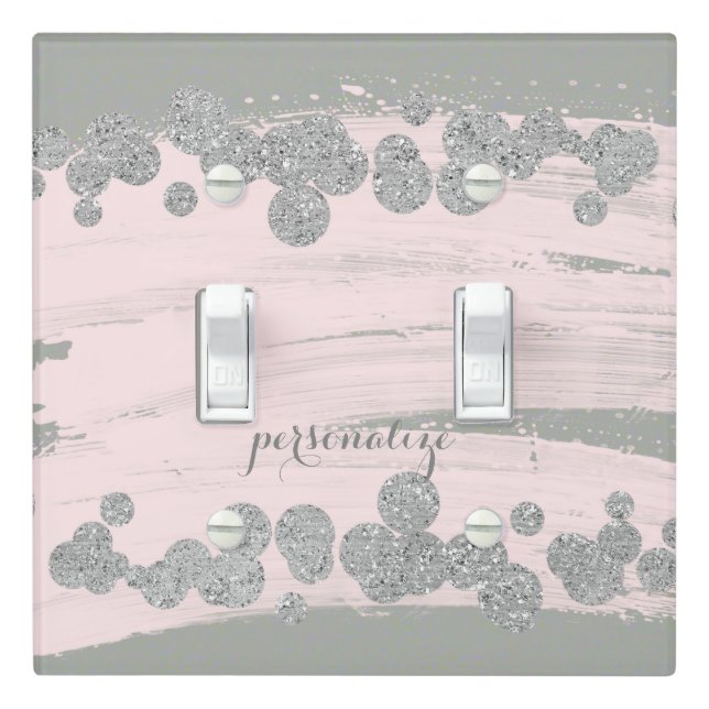 Blush Pink Silver & Grey Sparkle Dots Glam Light Switch Cover (In Situ)
