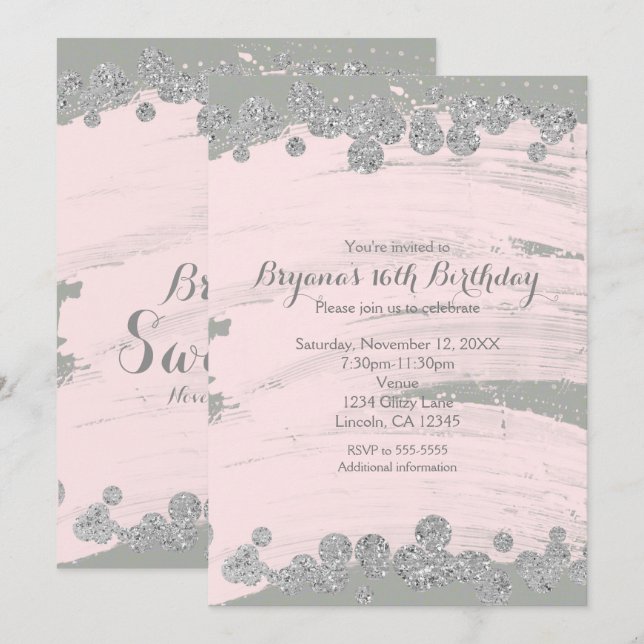 Blush Pink Silver & Grey Sparkle Dots Glam Party Invitation (Front/Back)