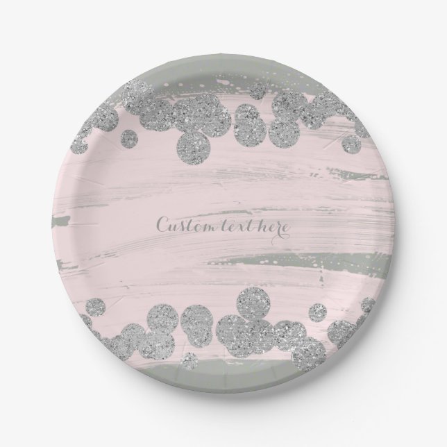 Blush Pink Silver & Grey Sparkle Dots Glam Party Paper Plates (Front)