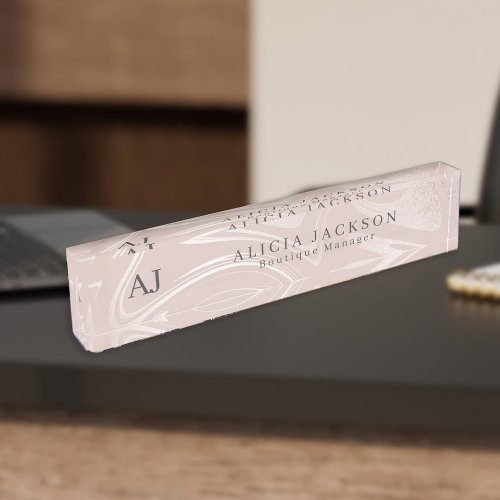Blush pink silver marble elegant boutique manager desk name plate