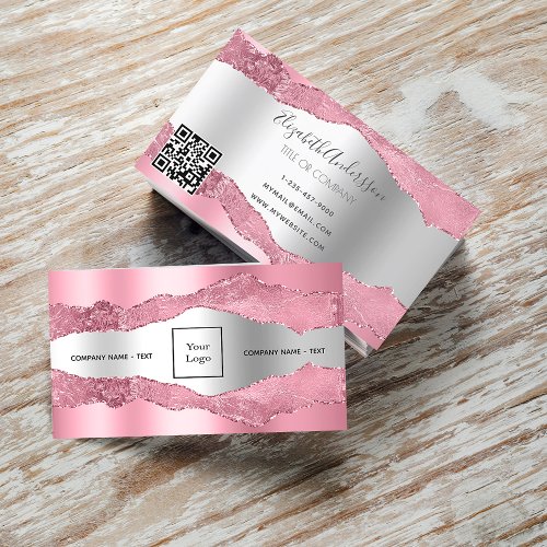 Blush pink silver metal agate marble logo QR code Business Card