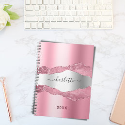 Blush pink silver metal agate marble name  notebook