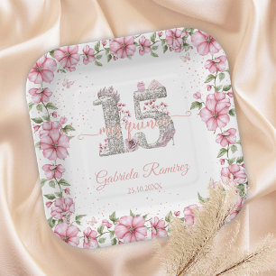 Blush Pink Silver Mis Quince Quinceañera Paper Plates