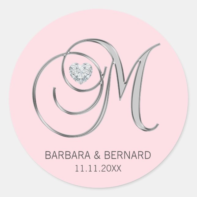 Blush Pink Silver Monogrammed Letter M Wedding Classic Round Sticker (Front)