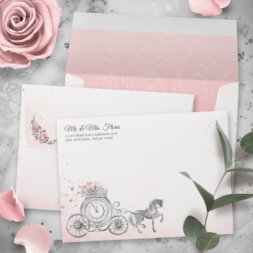Blush Pink Silver Princess Carriage Return Address Envelope