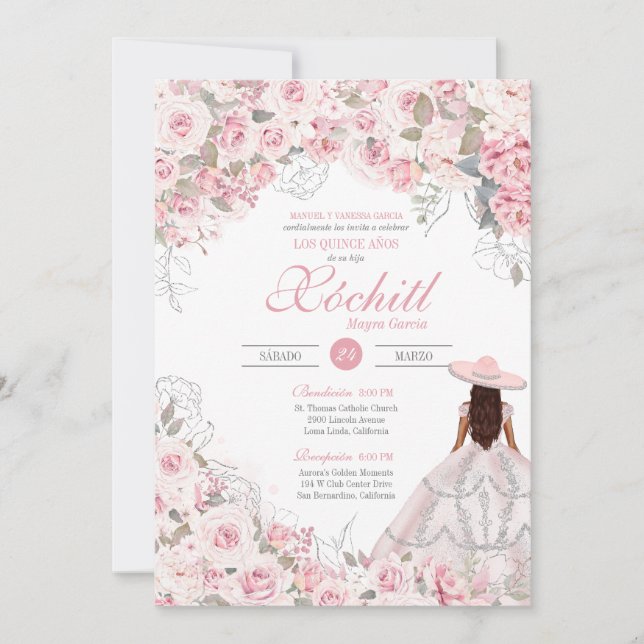 Blush Pink Silver Rose Blossom Charro Quinceanera Invitation (Front)