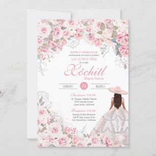 Blush Pink Silver Rose Blossom Charro Quinceanera Invitation