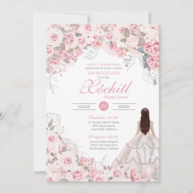 Blush Pink Silver Rose Blossom Elegant Quinceanera Invitation (Front)