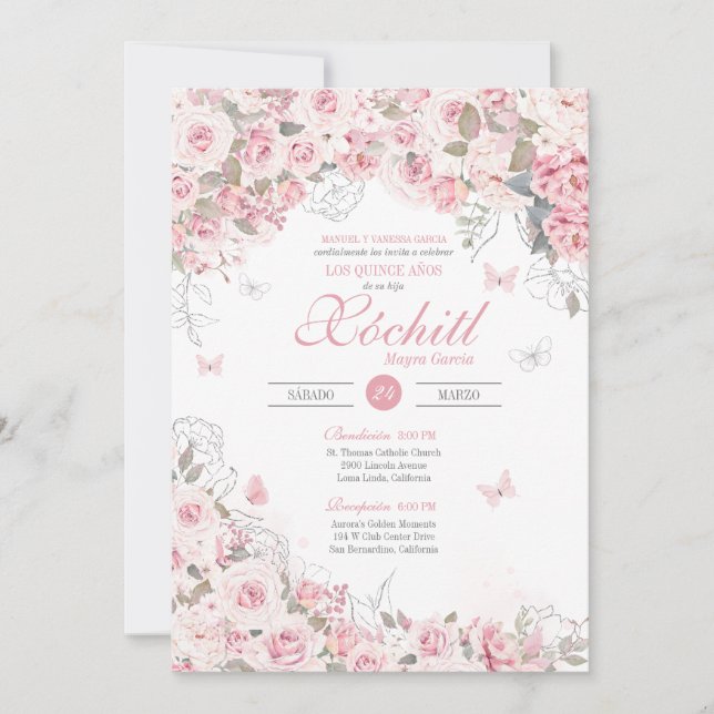 Blush Pink Silver Rose Butterfly Flora Quinceanera Invitation (Front)