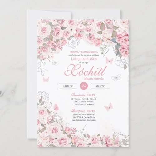 Blush Pink Silver Rose Butterfly Flora Quinceanera Invitation