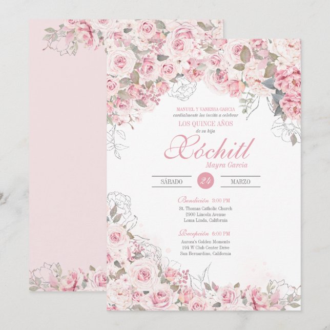 Blush Pink Silver Rose Garden Blossom Quinceanera Invitation (Front/Back)