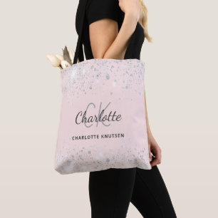 Blush pink silver sparkles monogram name tote bag