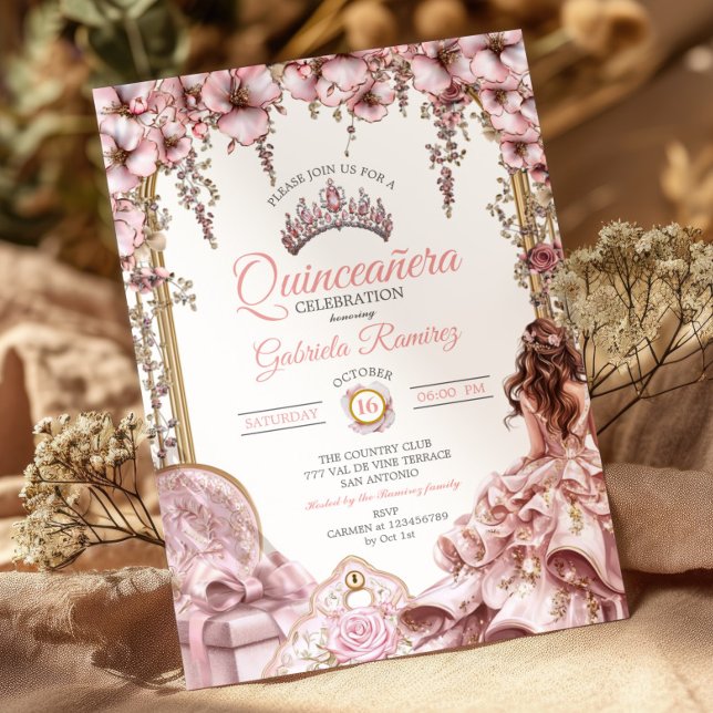 Blush Pink Silver Tiara Floral  Quinceañera Invitation (Creator Uploaded)