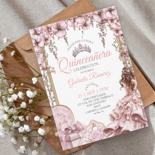 Blush Pink Silver Tiara Floral  Quinceañera Invitation