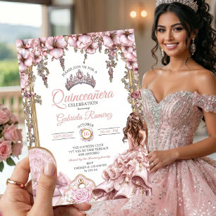Blush Pink Silver Tiara Floral Quinceañera Invitation