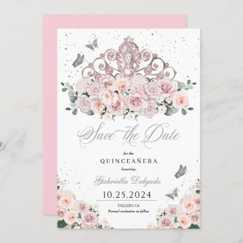 Blush Pink Silver Tiara Save The Date Quinceaera Invitation