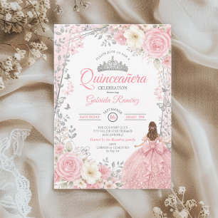 Blush Pink Silver Watercolor Roses Quinceañera Invitation