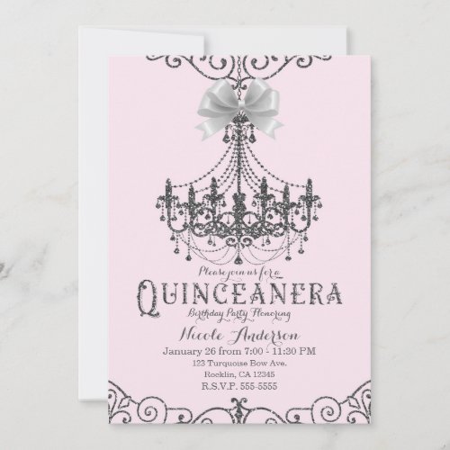 Blush Pink Silver White Bow Quinceaera 15 15th Invitation