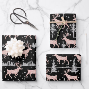 Blush Pink Silver Woodland Stag Spruce Tree Black Wrapping Paper Sheets