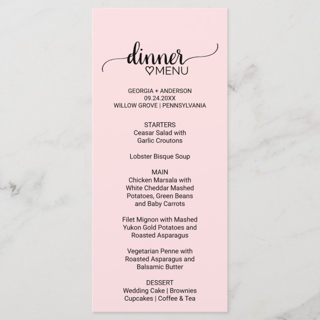 Blush Pink Simple Calligraphy Wedding Menu (Front)