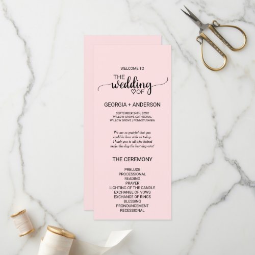 Blush Pink Simple Calligraphy Wedding Program