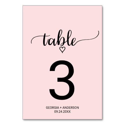 Blush Pink Simple Calligraphy Wedding Table Number