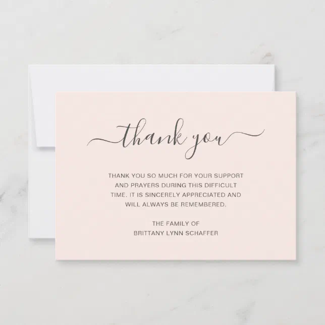 Blush Pink Simple Elegant Funeral Sympathy Thank You Card | Zazzle