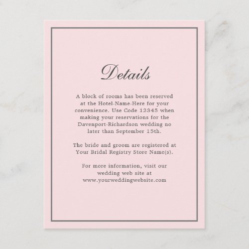Blush Pink Simple Elegant Wedding Info Details Enclosure Card
