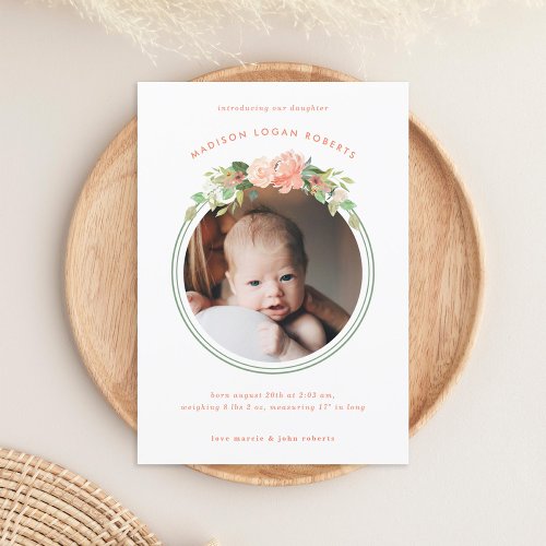 Blush Pink Simple Floral Photo Birth Announcement