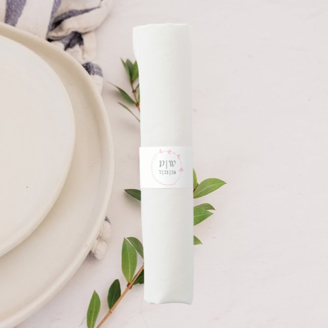 Blush Pink Simple Heart Wreath Monogram Wedding Napkin Bands (In Situ Table Setting)