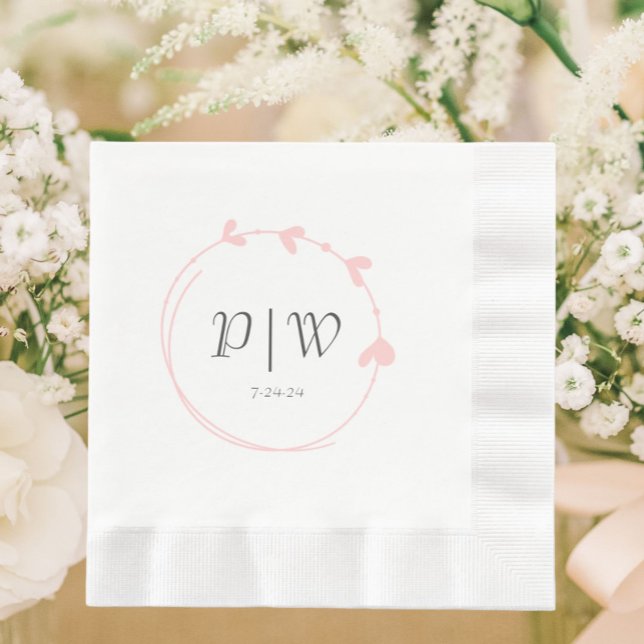 Blush Pink Simple Heart Wreath Monogram Wedding Napkins (In Situ Wedding)