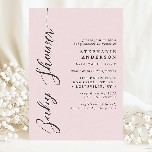 Blush Pink Simple Modern Script Baby Shower Invitation