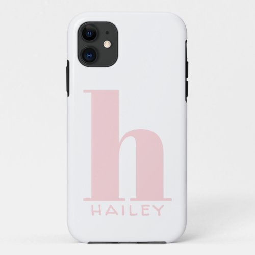 Blush Pink Simple Monogram and Name iPhone 11 Case