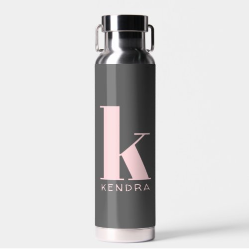 Blush Pink Simple Monogram on Charcoal Gray Water Bottle