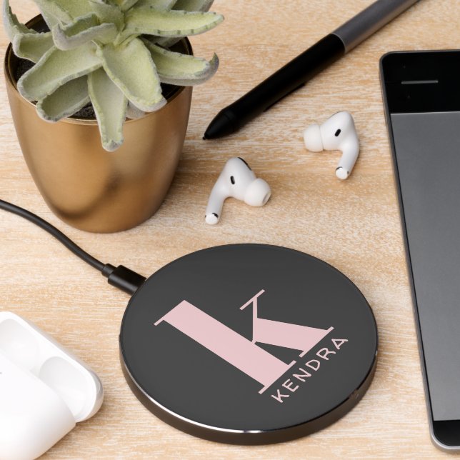 Blush Pink Simple Monogram on Charcoal Gray Wireless Charger (Desk 2)