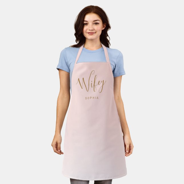 Blush pink simple personalized wifey apron (Worn)