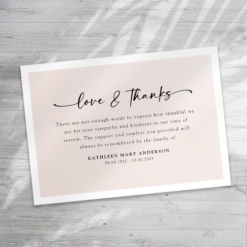 Blush Pink Simple Script Funeral Thank You Card