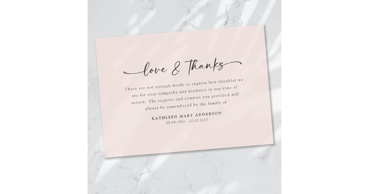 Blush Pink Simple Script Funeral Thank You Card | Zazzle