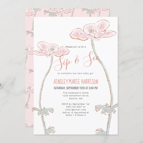 Blush Pink Sip  See Floral Baby Girl Baby Shower Invitation