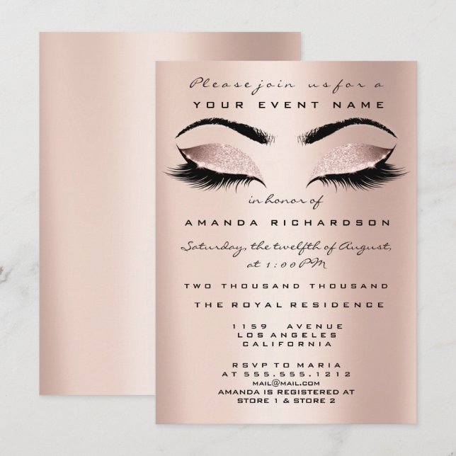 Blush Pink Skinny Makeup Glitter Eyes 16th Bride Invitation (Front/Back)