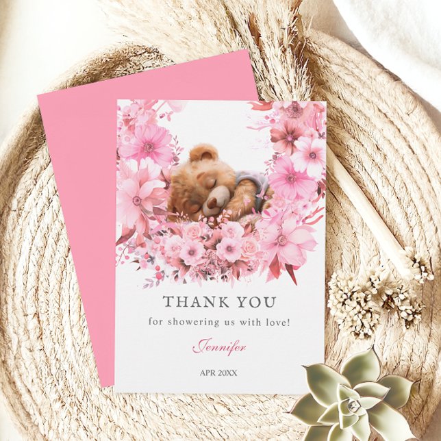 Blush Pink Sleeping Bear Baby Shower Thank You Card (Creator Uploaded)