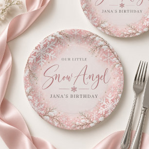 Blush Pink Snow Angel Personalized Birthday Paper Plates