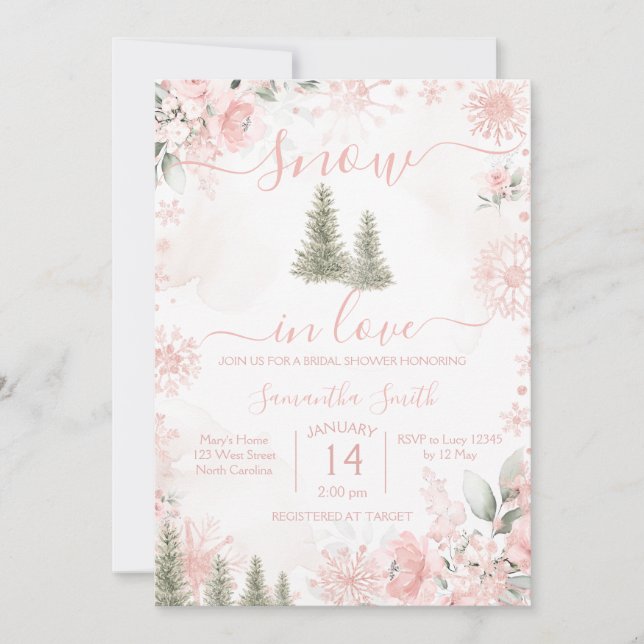 Blush Pink Snow in Love Snowflake Bridal Shower Invitation (Front)
