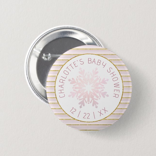 Blush Pink Snowflake Baby Shower Button Favor (Front & Back)
