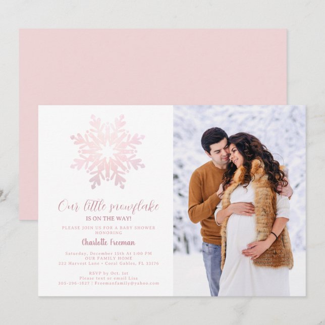 Blush Pink Snowflake Baby Shower Photo Invite  (Front/Back)