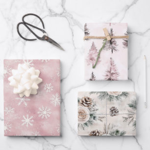Blush Pink Snowflakes Trees Flowers Christmas Wrapping Paper Sheets
