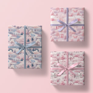 Blush Pink Snowscapes Christmas Wrapping Paper Set